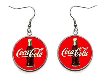 Coca-Cola Pendant Earrings: Novelty Cabochon Dangles, Surgical Steel