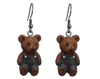 TEDDY BEAR Dangle Earrings CUTE Novelty 3D Animal Charm Earrings 316L Surgical Stainless Steel Hooks Funtime Jewelry