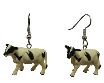 COW Dangle Earrings 3D Cute Novelty Animal Earrings Farm Charm Livestock 4H Holstein 316L Surgical Steel Hooks Funtime Jewelry