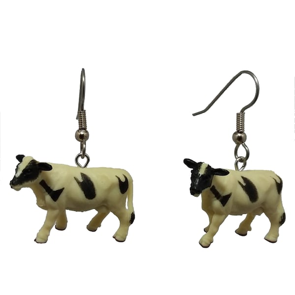 COW Dangle Earrings 3D Cute Novelty Animal Earrings Farm Charm Livestock 4H Holstein 316L Surgical Steel Hooks Funtime Jewelry