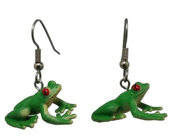 FROG Earrings CUTE 3D Animal Dangle Charm Earrings 316L Surgical Stainless Steel Hooks Novelty Colorful GREEN Funtime Jewelry