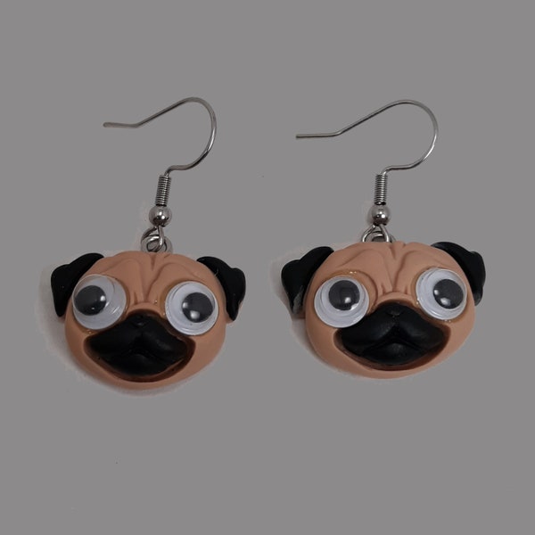 PUG Dangle Earrings CUTE Novelty 3D PUPPY Dog Charm Dangle Earrings 316L Surgical Stainless Steel Hooks Funtime Jewelry