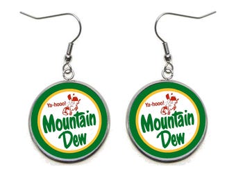 Vintage MT. DEW Pendant Dangle Earrings on Surgical Stainless Steel Hooks