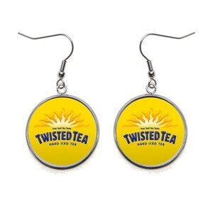 May include: A pair of silver earrings with a yellow circle pendant featuring the Twisted Tea logo. The logo is blue and white and says "True Iced Tea Taste" and "Twisted Tea Hard Iced Tea".