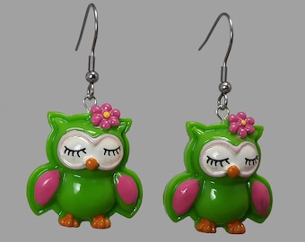 3D Green Owl Dangle Earrings, Surgical Steel Hooks