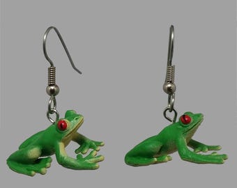 3D Green Frog Dangle Earrings, Surgical Steel Hooks
