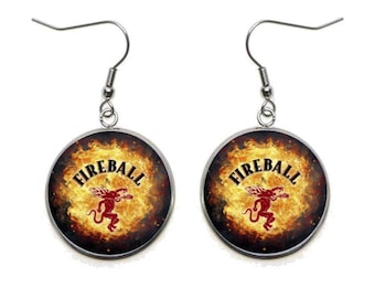 Fireball Whiskey Dangle Earrings, Stainless Steel Hooks