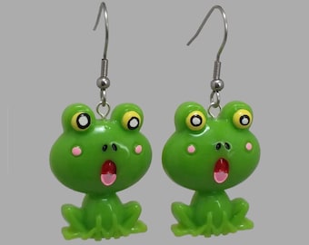Frog Dangle Earrings: 3D Green Acrylic Charm, Surgical Steel
