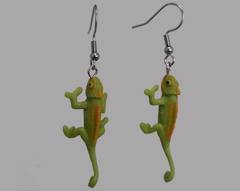 3D Gecko Dangle Earrings, Fun Lizard Charms on Surgical Steel