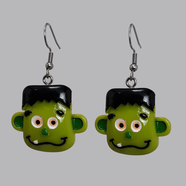 FRANKENSTEIN Earrings cute Novelty 3D HALLOWEEN Charm Dangle Earrings 316L Surgical Stainless Steel Hooks Funtime Jewelry