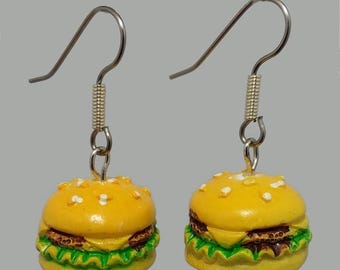 3D Cheeseburger Dangle Earrings, Funtime Jewelry