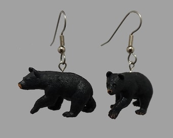 3D Black Bear Dangle Earrings, Surgical Steel Hooks