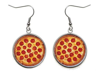 Pizza Pendant Earrings, Stainless Steel Hooks, Food Jewelry
