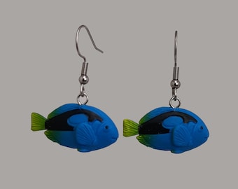 Blue Tang Fish Dangle Earrings, 316L Stainless Steel Hooks
