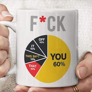 Può includere: Una tazza in ceramica bianca con la scritta F*CK in grigio e un asterisco rosso. Sotto il testo, un grafico a torta mostra i segmenti: YOU 60% in giallo, OFF 10%, IT 10%, THIS SH*T 10% in nero e THAT 10% in rosso, con le percentuali.