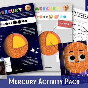 Puede incluir: Un paquete de actividades imprimible para que los niños aprendan sobre Mercurio, el planeta más pequeño de nuestro sistema solar. El paquete incluye una actividad de colorear por números, un rompecabezas para cortar y pegar, una página para colorear y un diagrama de la estructura interna de Mercurio.