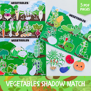 May include: A set of five printable PDF pages for a vegetable shadow matching game. The pages feature colorful illustrations of various vegetables with cute faces, including broccoli, cauliflower, green peas, eggplant, chili pepper, pumpkin, garlic, onion, carrot, turnip, celery, ginger, radish, corn, zucchini, collard greens, cucumber, and bell pepper. The text "VEGETABLES SHADOW MATCH" is printed at the bottom of the page.
