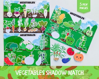 Groenten sorteren werkblad Groenten en fruit Schaduwmatchactiviteit Afdrukbaar Peuter Druk boek Leren Binder Montessori-materiaal