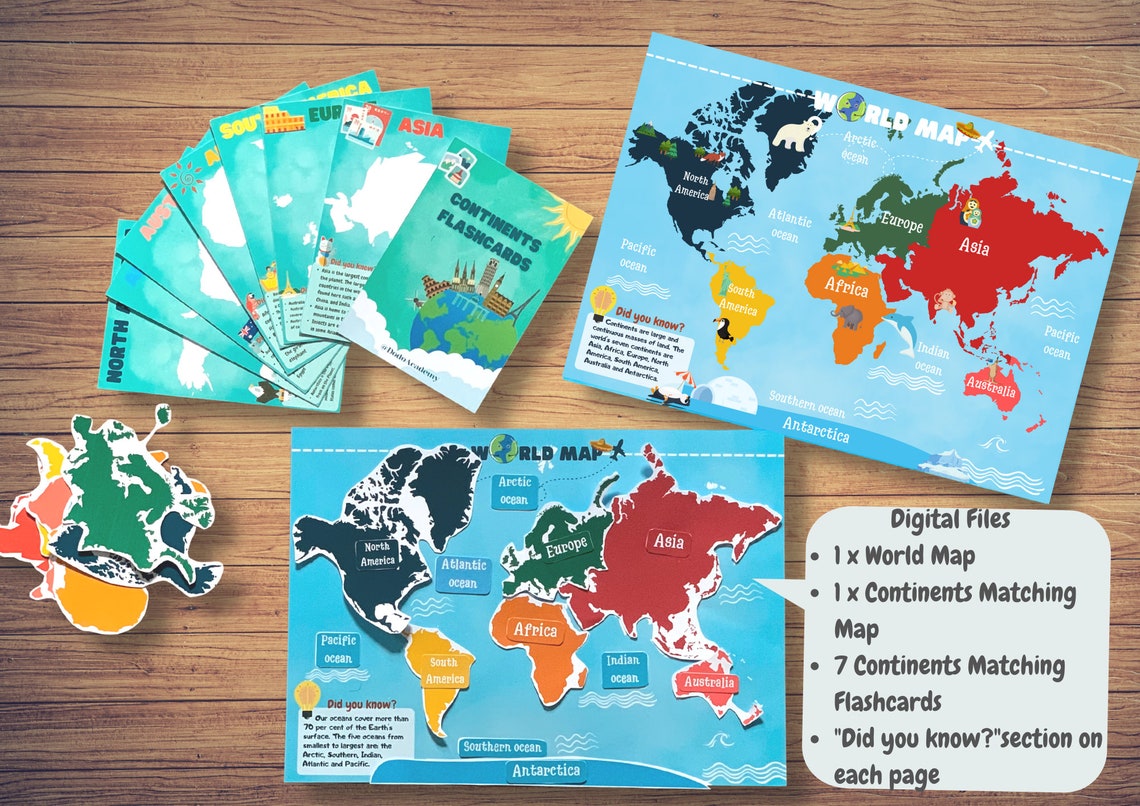 Continents &amp; Oceans Printable Map and Cards Pack World - Etsy