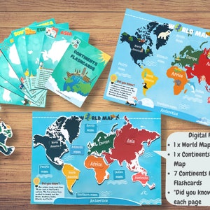 Kontinente und Ozeane Karte und Karten Pack Welt Geographie Lernkarten Karte Aktivität Homeschool Montessori Material