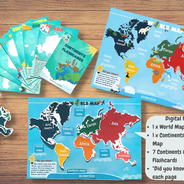 Continents & Oceans Printable Map and Cards Pack World Geography Flashcards Map Activity Homeschool Montessori Material