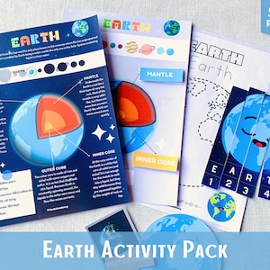 May include: A printable Earth activity pack with five pages. The pack includes a diagram of the Earth's layers, a colouring page, and a puzzle. The pages are blue, white, and yellow with colourful illustrations of the Earth.