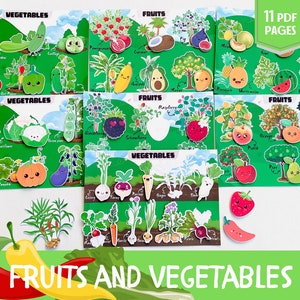 Pode incluir: Um conjunto de 11 páginas PDF imprimíveis com ilustrações coloridas de frutas e vegetais. Cada página inclui o nome da fruta ou vegetal e uma imagem de desenho animado fofa.