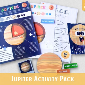 Puede incluir: Paquete de actividades de Júpiter, un recurso educativo imprimible para niños. El paquete incluye una ilustración colorida de Júpiter, un planeta con una mancha roja, y un rompecabezas para cortar y pegar. El texto "Júpiter" está escrito en una fuente divertida y colorida.