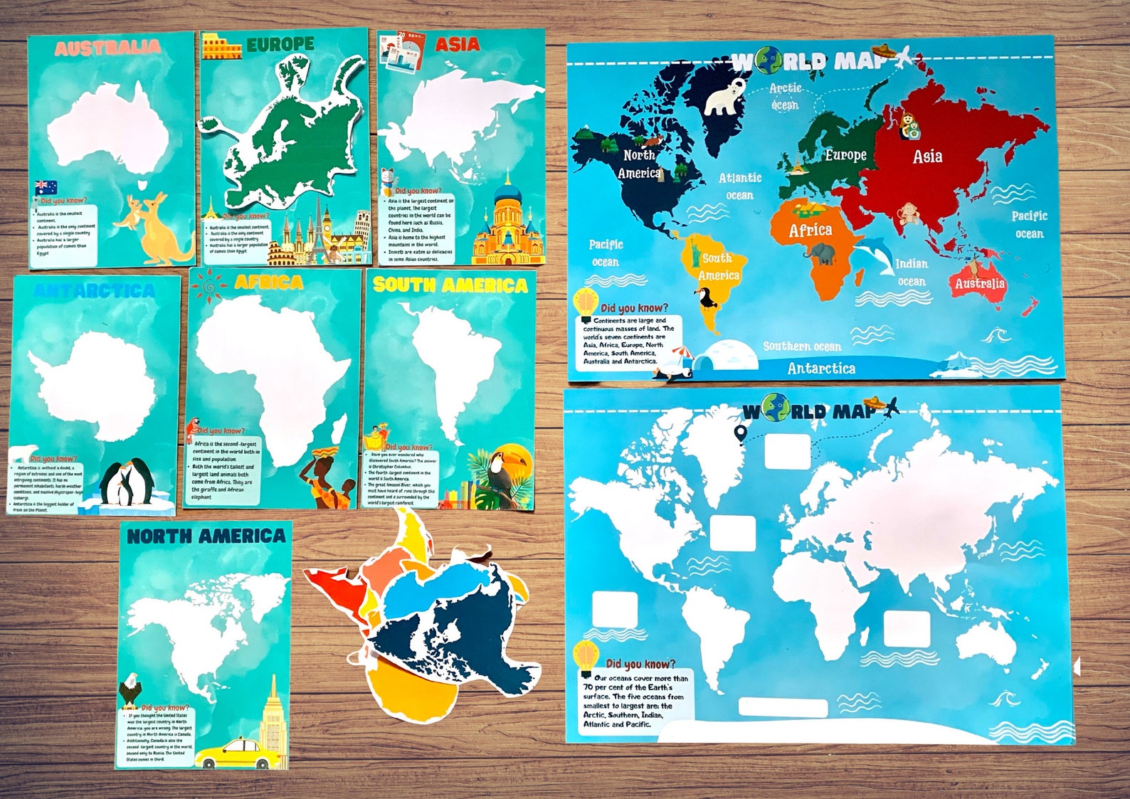 Continents &amp; Oceans Printable Map and Cards Pack World - Etsy