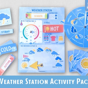 Estação meteorológica, gráfico meteorológico, pasta meteorológica, cartões flash, planilhas pré-escolares, recursos escolares em casa, materiais montessori
