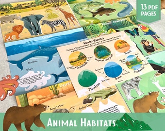 May include: A set of 13 printable PDF pages featuring colorful illustrations of animals in their natural habitats. The pages include text labels for each animal and habitat, such as "Grasslands", "Ocean", "Tropical Rainforest", and "Desert".