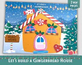 May include: A printable gingerbread house craft activity with a colorful illustration of a gingerbread house, candy canes, and a Christmas tree. The text "Let's Build a Gingerbread House" is at the bottom of the image.