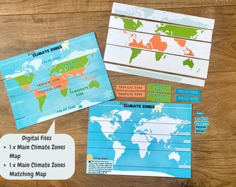 May include: A set of printable educational maps for kids showing the main climate zones of the world. The maps are color-coded and include a polar bear, a penguin, and the text "Main Climate Zones".