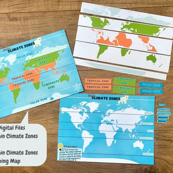 Pacchetto attività stampabile delle zone climatiche principali Mappa della geografia mondiale Strumento didattico materiale Montessori per la scuola domiciliare