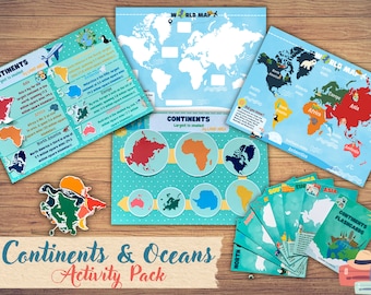 Continents & Oceans Printable Activity and Flashcards Pack World Geography Montessori Material Map Puzzle Game