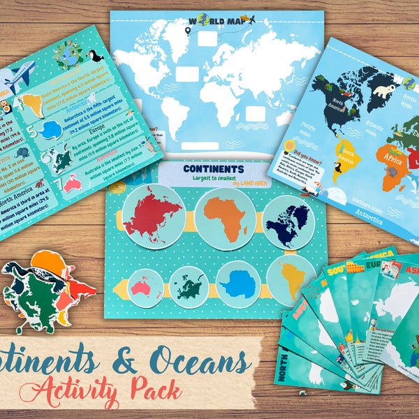 Kontinente und Ozeane druckbare Aktivität und Flashcards Pack Welt Geographie Montessori Material Landkarte Puzzle-Spiel