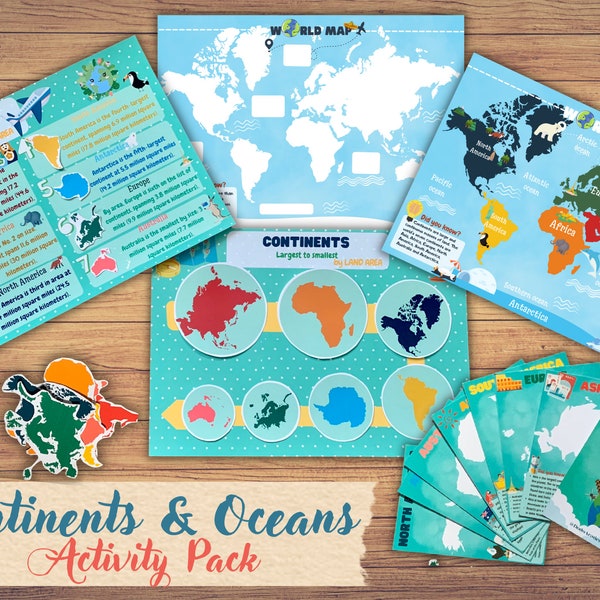 Continents & Oceans Printable Activity and Flashcards Pack World Geography Montessori Material Map Puzzle Game