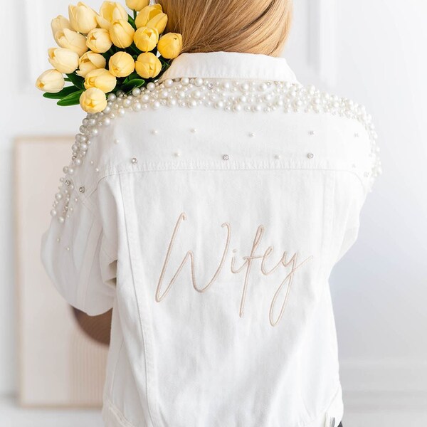 Jeans WHITE Jacke Perlen Wifey Name personalisierte Braut Denim Jean mrs.