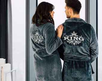 Dark Grey Bathrobes Set for couple King Queen Personalized Winter Bathrobes Warm Thick Wedding Anniversary Gift