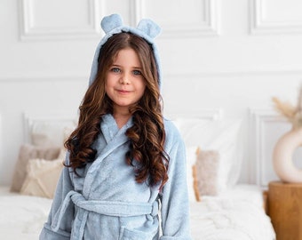 Baby blue embroidered children's bathrobe personalized with a hood girls boys kids robe