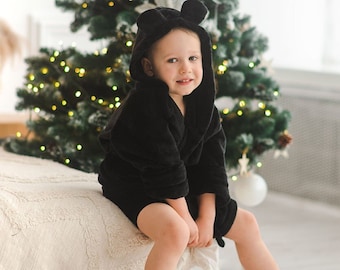 Black embroidered children's bathrobe personalized with a hood girls boys kids robe