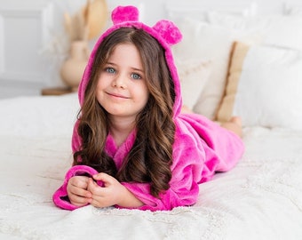 Pink fuchsia embroidered children's bathrobe personalized with a hood girls boys kids robe