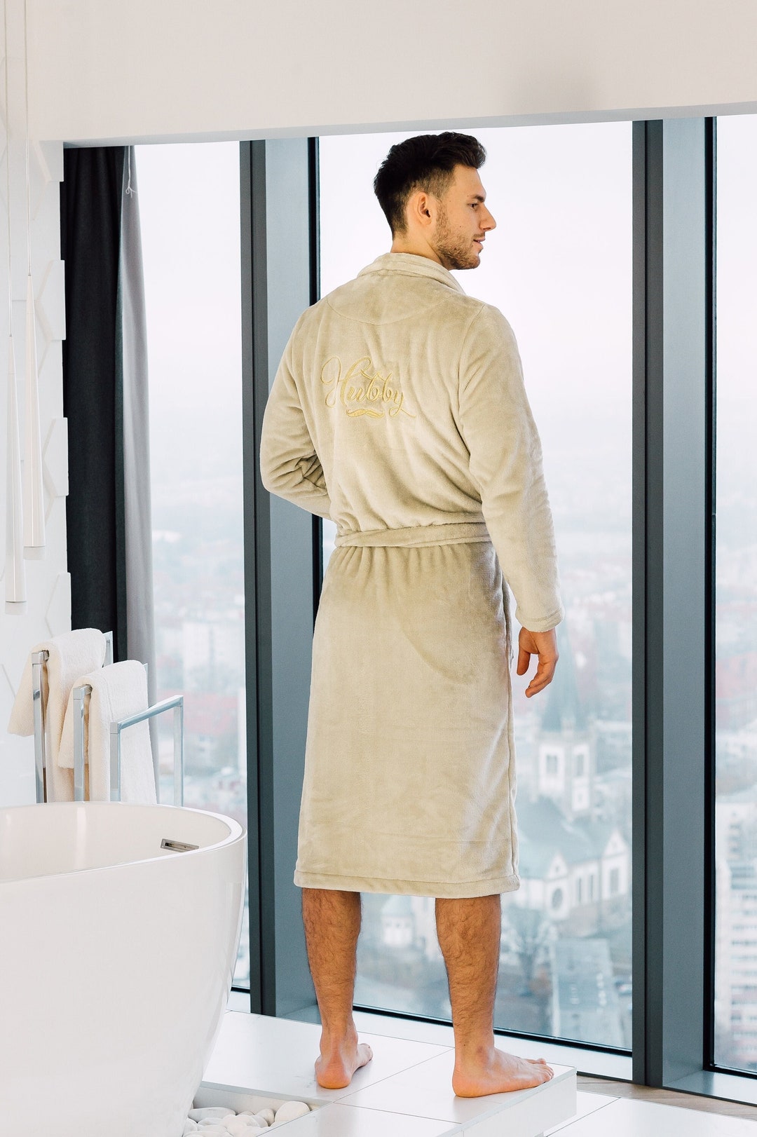 Beige Bathrobe for Him Husband King Personalized Winter Bathrobes Warm