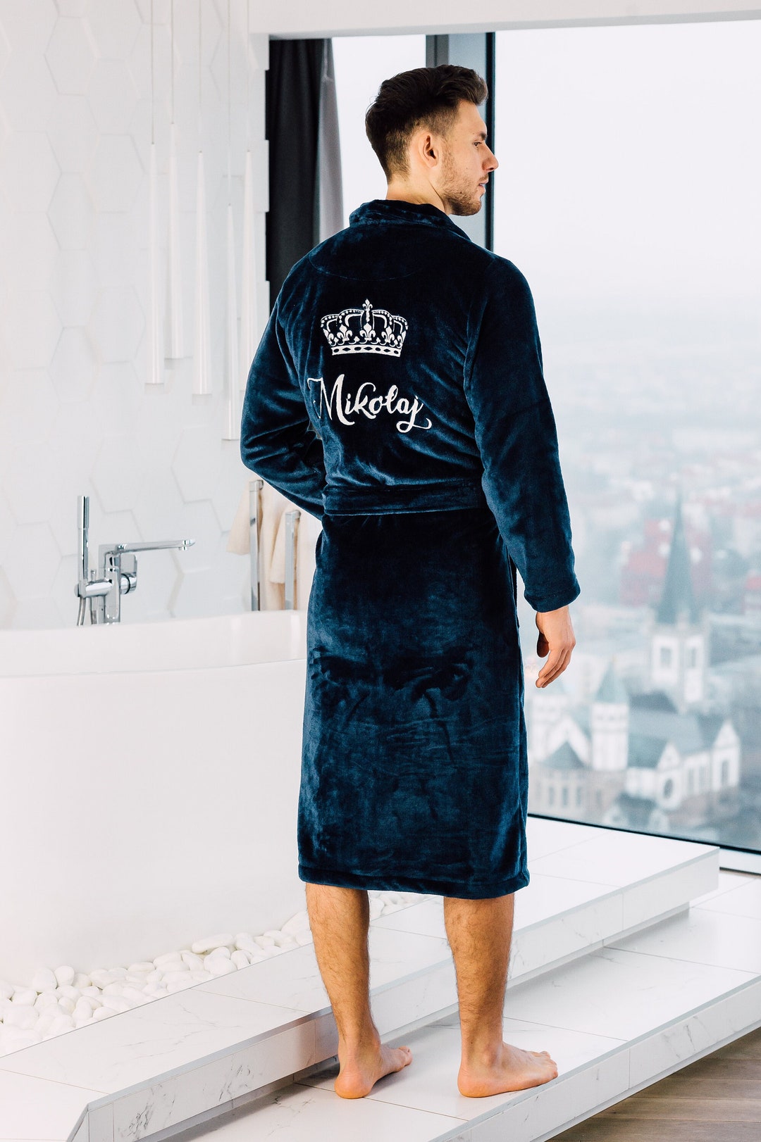 Dark Blue Bathrobe for Him Husband King Personalized Winter Bathrobes