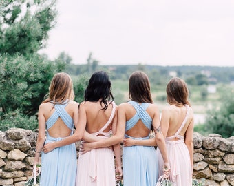 bridesmaid dresses pink and blue Baby Pink Infinity Bridesmaid Dress: Convertible Maxi Wrap Wedding Gown