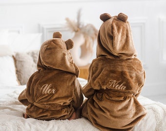 Brown toffee embroidered children's bathrobe personalized with a hood girls boys kids robe