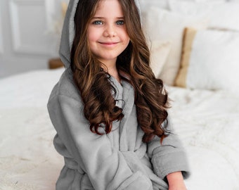 Light grey embroidered children's bathrobe personalized with a hood girls boys kids robe