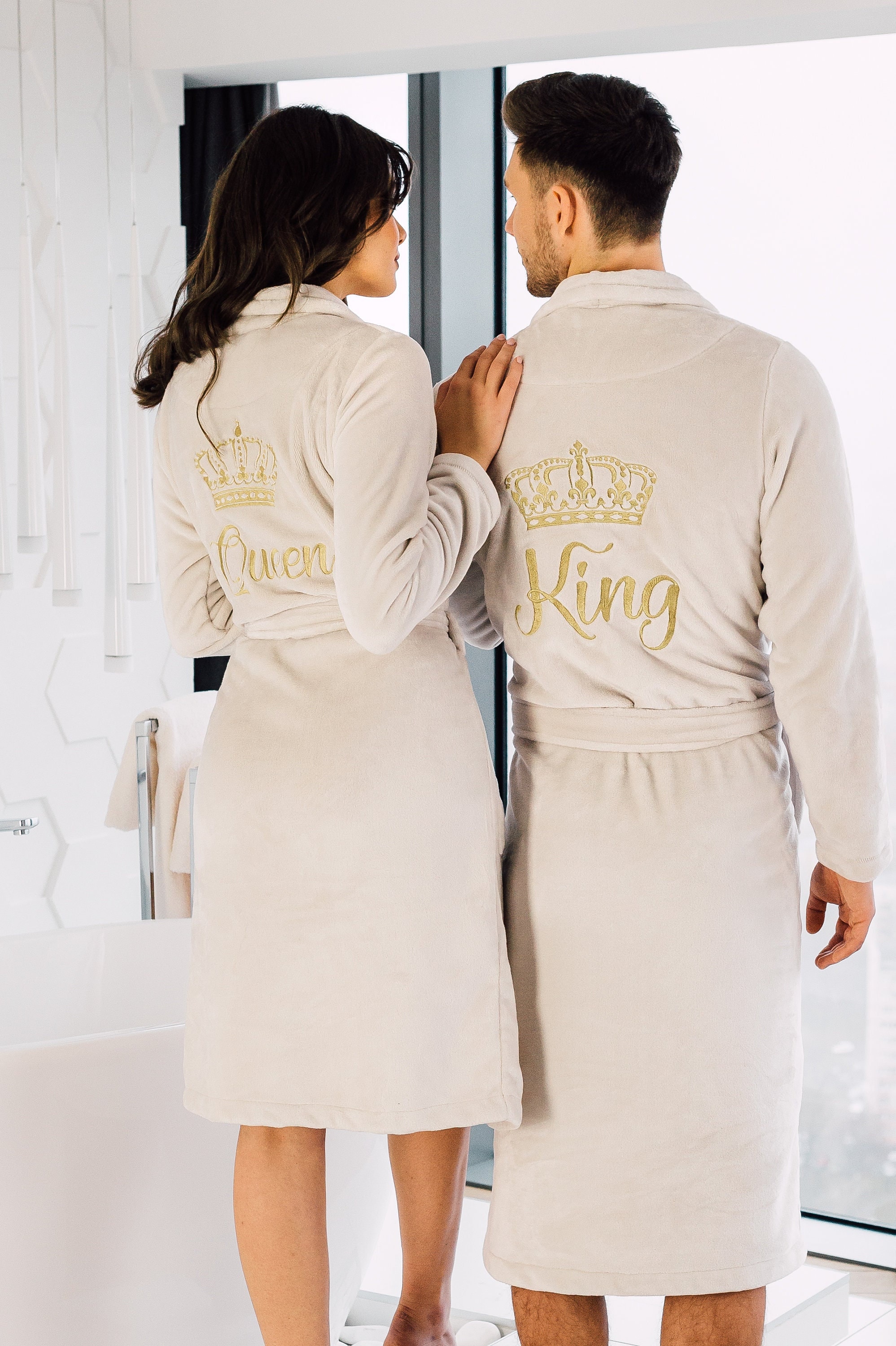 Set di accappatoi beige ecru per coppia King Queen Accappatoi invernali  personalizzati caldi e spessi regalo per anniversario di matrimonio -   Italia