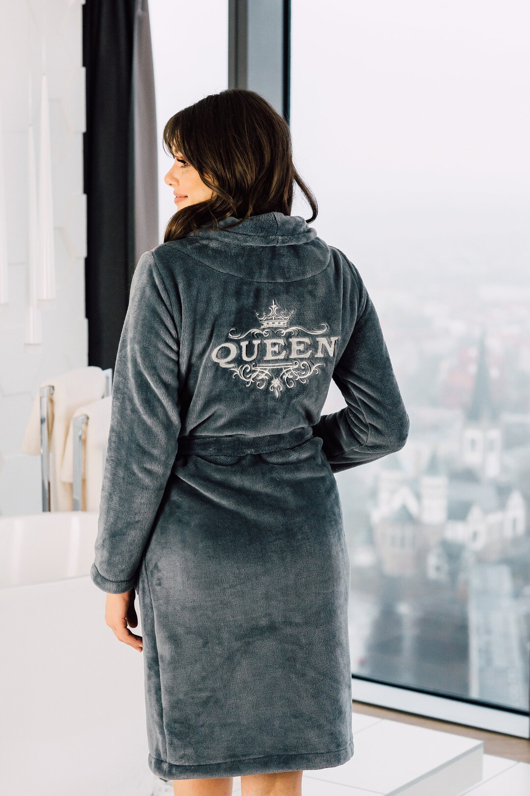 Dark Grey Bathrobe for Her Queen Wife Personalized Winter Bathrobes