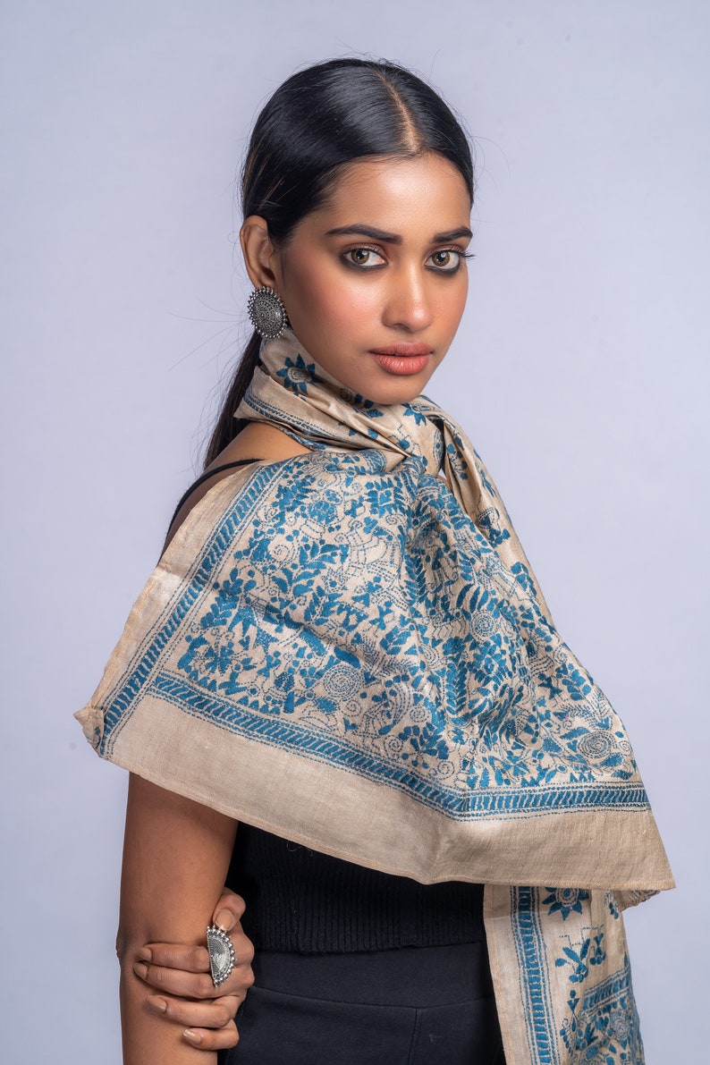 Exquisite Kantha Silk Stole Handcrafted Elegance for Every Occasion, handcrafted silk stole, versatile fashion statement, luxurious silk image 4